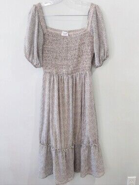 Sienna Sky Maxi Dress Large Black Tan Animal Print A-line Puff Sleeves Smocked